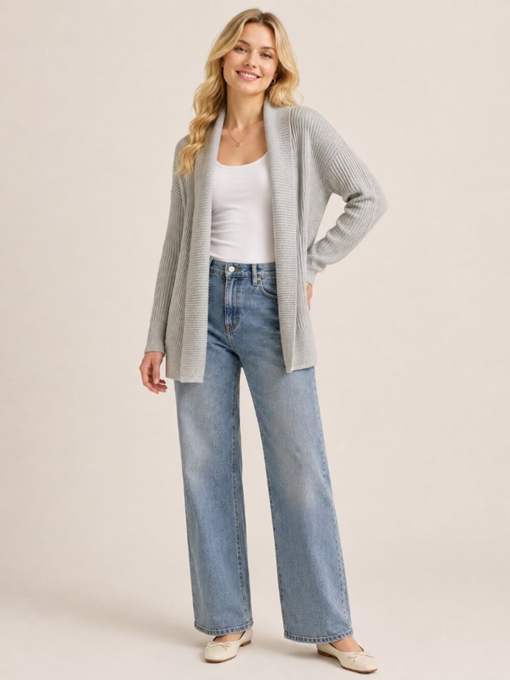 TAHARI Stripe Ribbed Shawl Open Longline Cardigan Gray White Medium #A4345